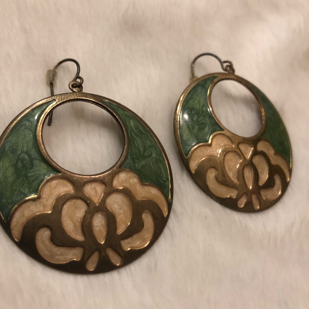 Lotus Pink and Green Enamel Earrings - Picture 3 of 5